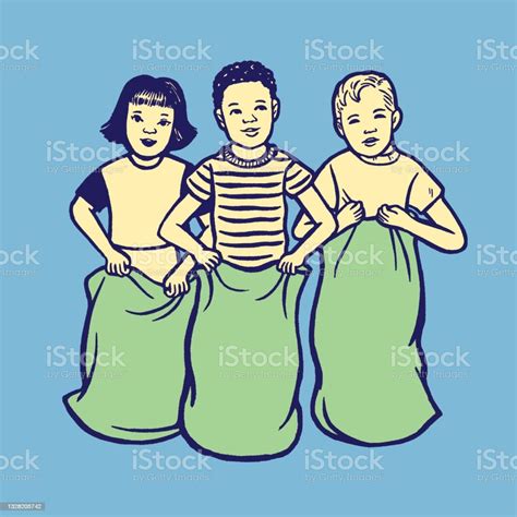 Three Children Having Sack Race Stock Illustration Download Image Now