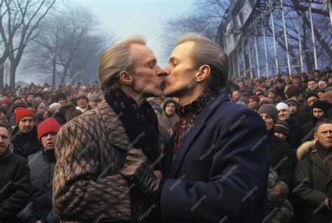 Premium Ai Image Lgbt Men Kissing In Front Of A Crowd In The Style Of