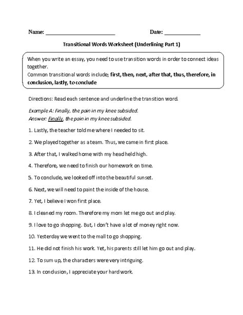 20 Transition Words Worksheet Worksheets Decoomo