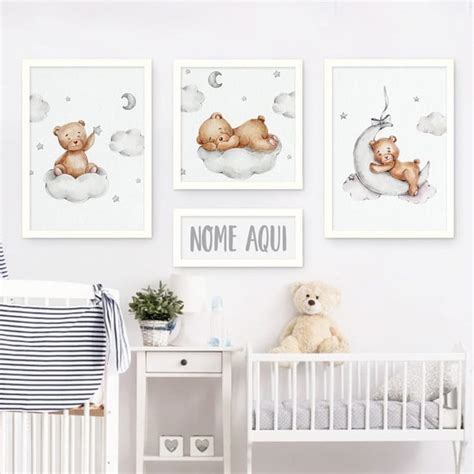 Kit 4 Quadros Quarto De Bebe Menino Ursinho Balao Nome Elo7