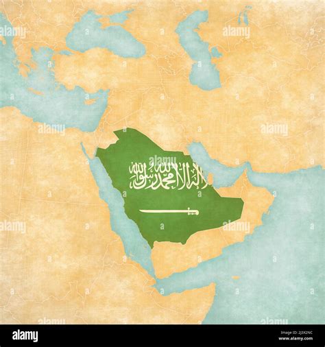 Saudi Arabia (Saudi Arabian flag) on the map of Middle East (Western ...