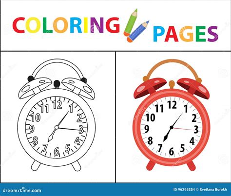 Coloring Book Page Red Alarm Clock Sketch Outline And Color Version