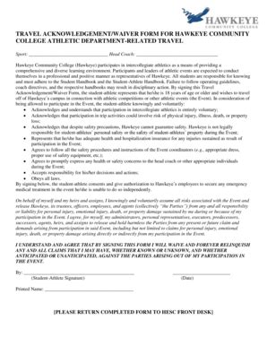 Fillable Online Hawkeyecollege TRAVEL ACKNOWLEDGEMENT WAIVER FORM FOR