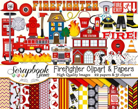 FIREFIGHTER Clipart Papers Kit 30 Png Clip Arts 22 Jpeg Papers