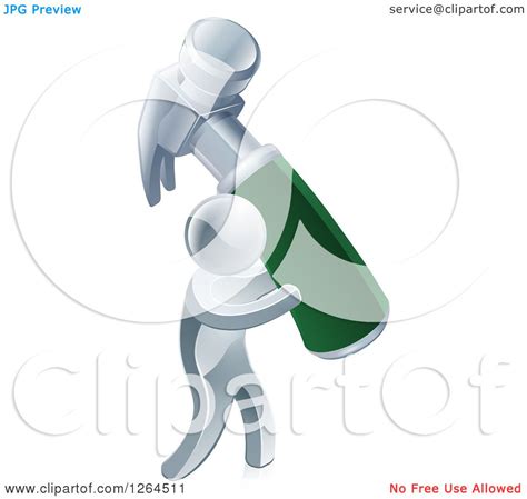 Clipart Of A 3d Silver Man Carrying A Giant Green Handled Hammer