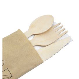 Wooden Fork Knife Spoon And Napkin Set 20 5cm 25 Units