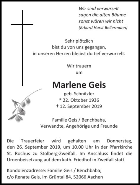 Traueranzeigen Von Marlene Geis Aachen Gedenkt