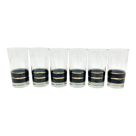 Mid Century Libbey And Co Black And Gold Band Collins Glasses Set Of 6 Chairish