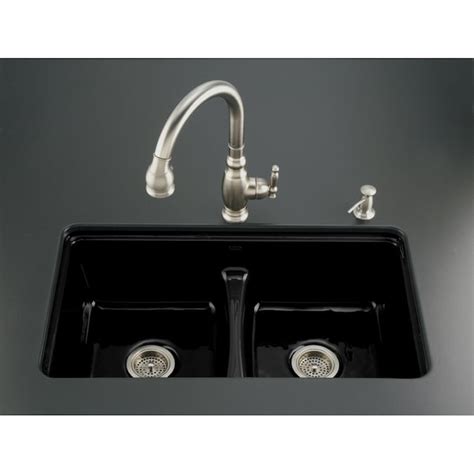 KOHLER Black Black 7-Hole Double-Basin Cast Iron Undermount Kitchen ...