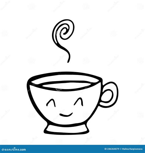 Cute Hot Tea Or Coffee Cup With Smile Face Vector Doodle Hand Drawn Line Illustration Doodle