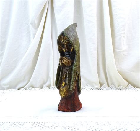 Vintage French Carved Wooden Medieval Style Saint Statue Retro Colored