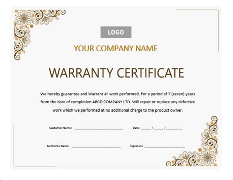 MS Word Warranty Certificate