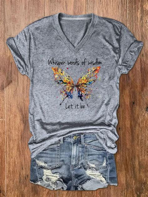 Letter Butterfly Print T Shirt V Neck Short Sleeve T Shirt Temu