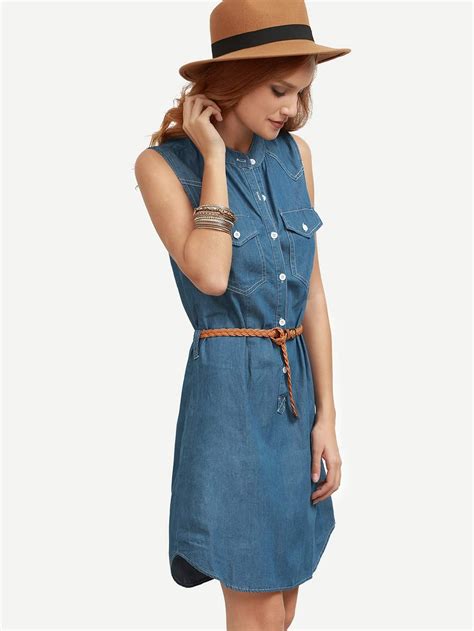 Blue Belted Sleeveless Denim Shirt Dress Shein Sheinside