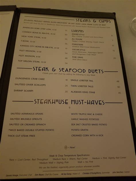 Menu at Atlantis Steakhouse, Reno