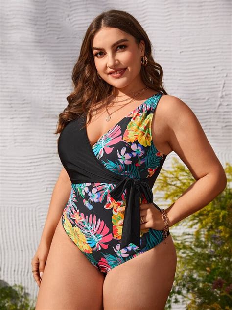 Plus Tropical Print Knot Side One Piece Swimsuit Shein Usa