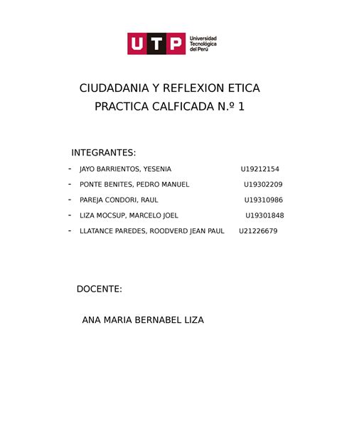 Reflexion Etica PC1 UTP 2020 2021 CIUDADANIA Y REFLEXION ETICA