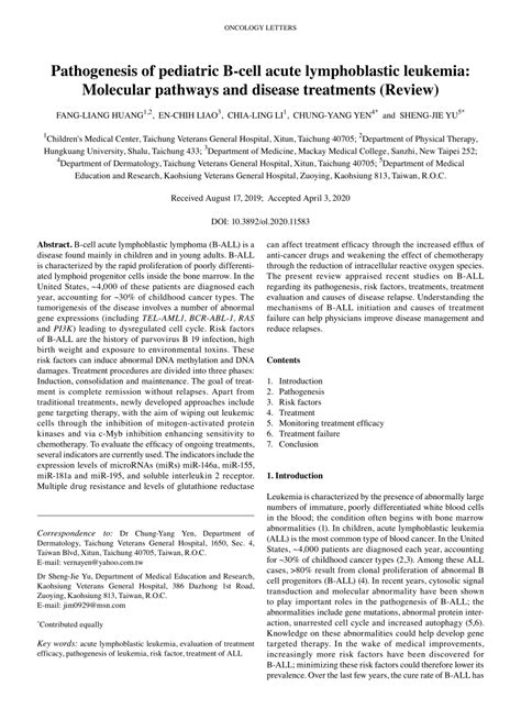 Pdf Pathogenesis Of Pediatric B‑cell Acute Lymphoblastic Leukemia Molecular Pathways And