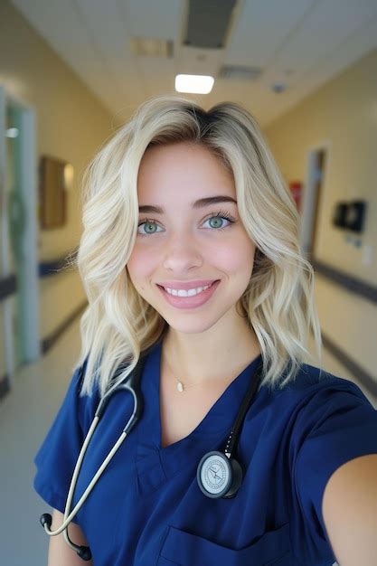 Blonde Nurse With Bright Smile And Stethoscope Premium AI Generated Image