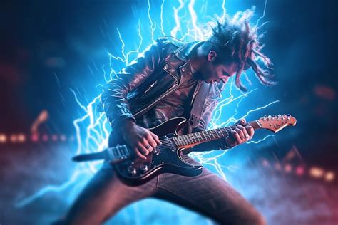 Premium Photo | Rock guitarist metal rockstar playing guitar with lightning on the strings