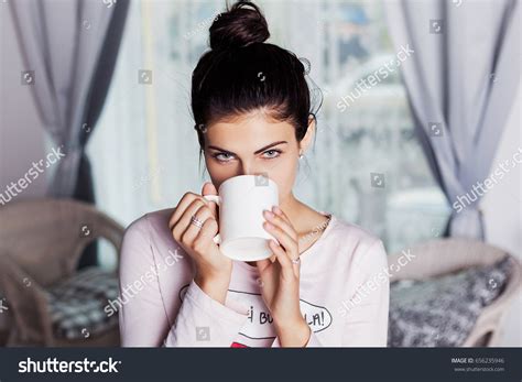 Portrait Attractive Brunette Pajamas Coffee Table Stock Photo Shutterstock