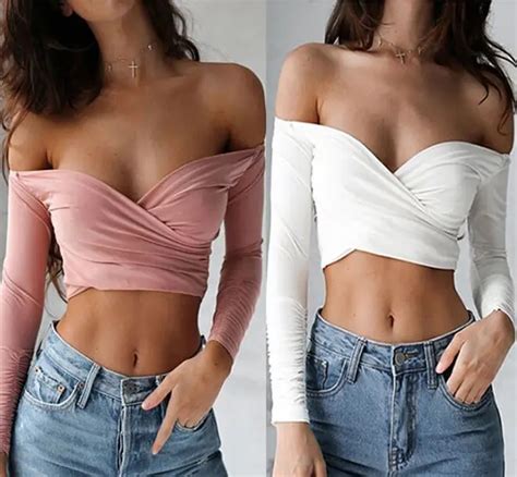 Off Shoulder Long Sleeve Tee Shirt Casual Short Tops T Shirts Women Summer Sex Crop Tops In T