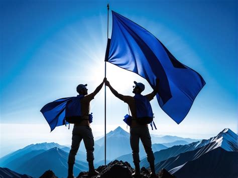 Silueta De Un Hombre Sosteniendo Una Bandera Azul En La Cima De Una