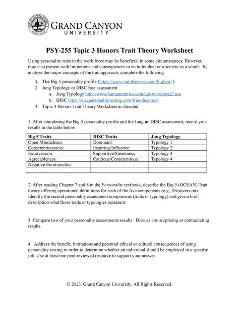 Psy 255 H T3 Honors Trait Worksheet Psy 255 Topic 3 Honors Trait