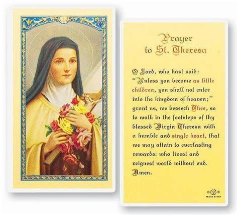 Saint Theresa Laminated Catholic Prayer Holy Card With Prayer On Back