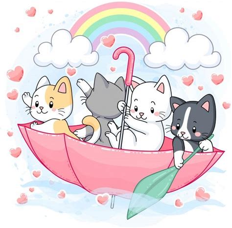 Premium Vector Cute Pastel Kittens Umbrella With Rainbow Cute