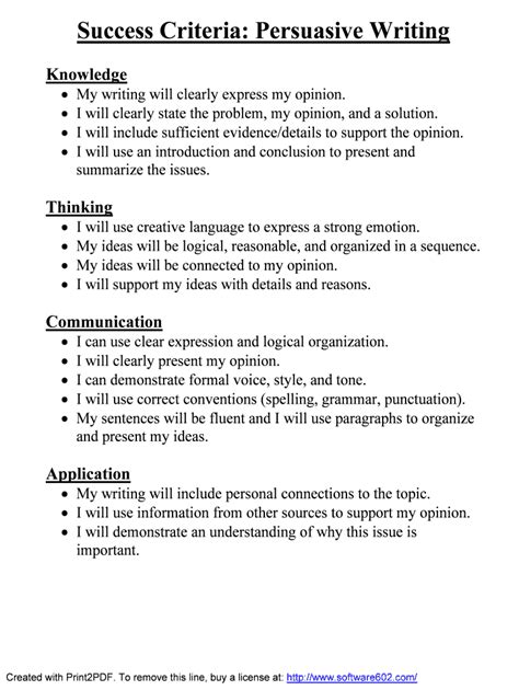 Fillable Online Success Criteria Persuasive Writing Fax Email Print