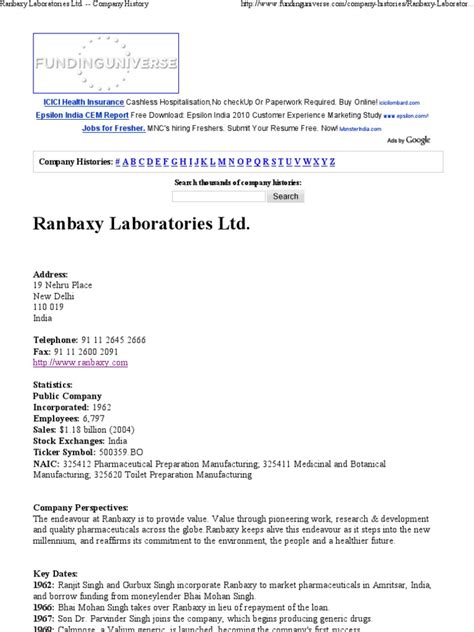 Ranbaxy Laboratories Ltd. - Company History | PDF | Generic Drug ...