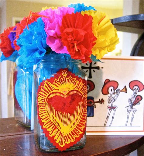 Day of the Dead Paper Flowers with SACRED HEART Upcycled Vase