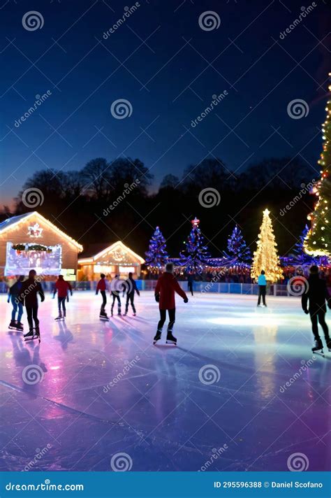 Christmas Lights on an Outdoor Ice Rink, with Skaters in the Evening ...