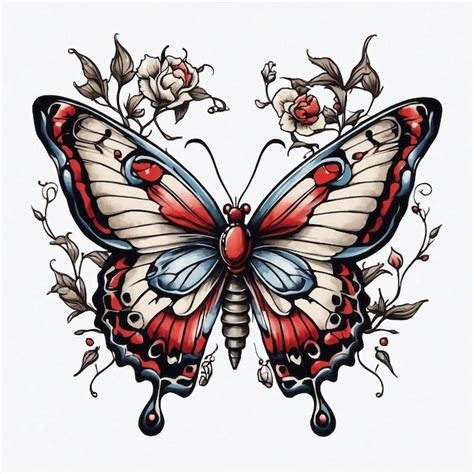 Una ilustración de tatuaje de mariposa y rosa Foto Premium