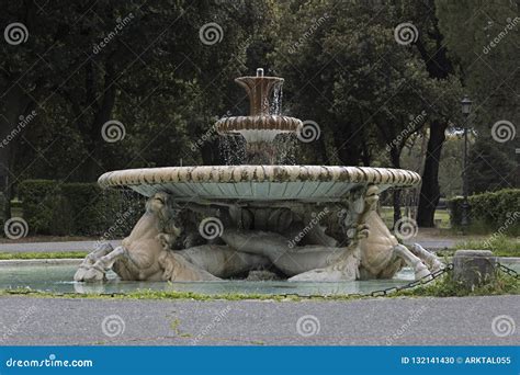 villa borghese gardens fountain  marine horses rome italy stock
