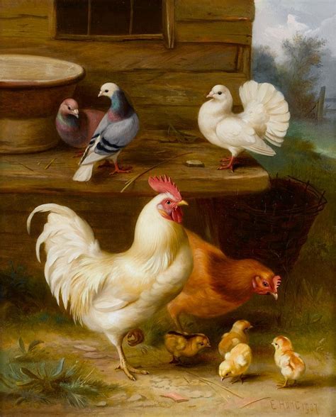 Chickens Chicks Pigeons And A Dove In A Farmyard By Edgar Hunt