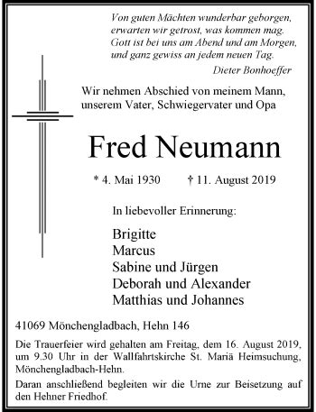 Alle Traueranzeigen F R Fred Neumann Trauer Rp Online De