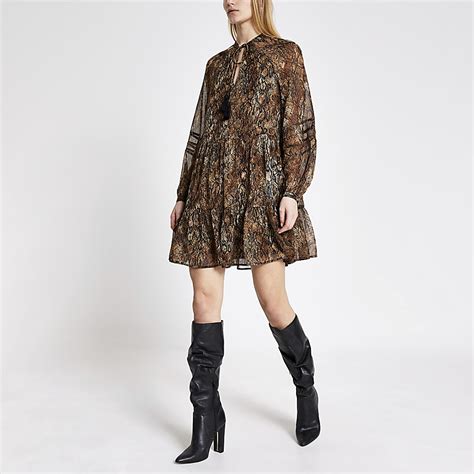 Black Printed Long Sleeve Mini Smock Dress River Island