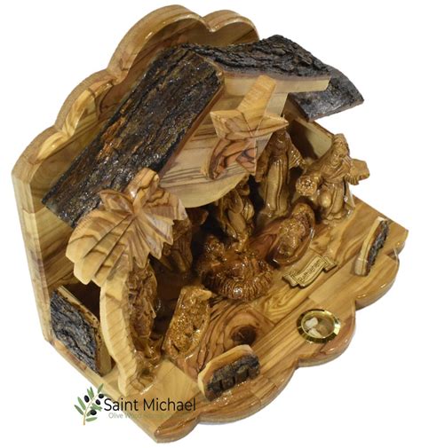 Bethlehem Wooden Nativity Set With Bark Roof Made Of Olive Etsy