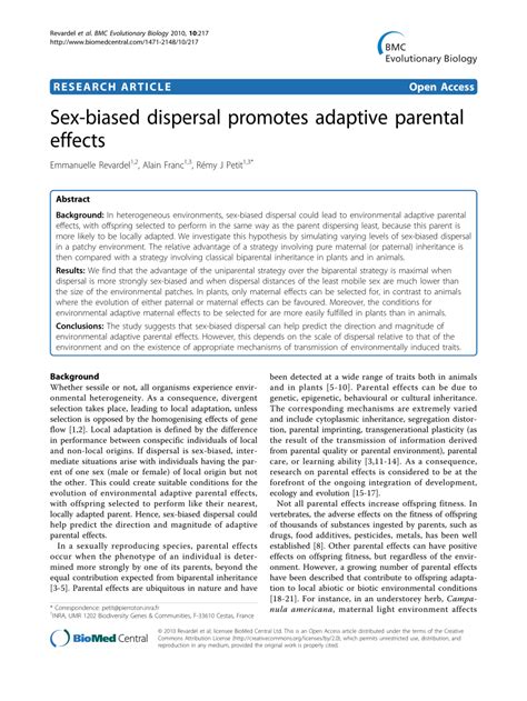 PDF Sex Biased Dispersal Promotes Adaptive Parental Effects