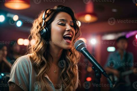 Beautiful young woman singing into a microphone in a nightclub. Karaoke ...