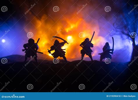 Samurai Fighting Concept Silhouette Of Samurais In Duel Near Tree And