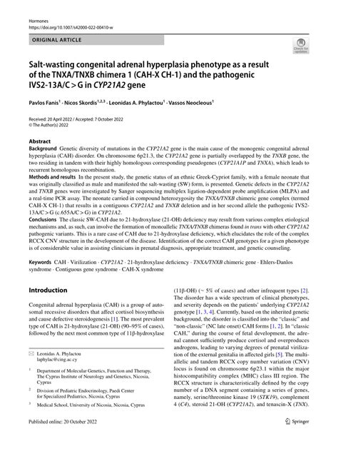 Pdf Salt Wasting Congenital Adrenal Hyperplasia Phenotype As A Result Of The Tnxatnxb Chimera