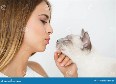Gorgeous Brunette With Her Cat Stock Photo Image Of Cute Attractive