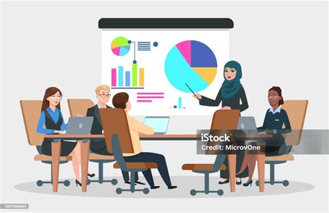 Vetores De Vetor De Reunião De Negócios Empresária Árabe No Infográfico