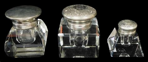 Lot Three Clear Cut Crystal Inkwells With Sterling Silver Lids All