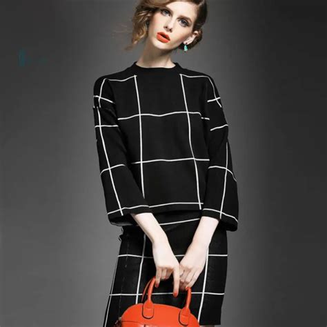 Winter Women Set Knit Women Skirts And Blouse Set Autumn Plaid Fashion