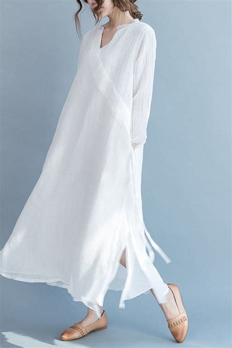 White Silk Linen Long Summer Dresses V Neck Women Clothing Q3111 Long