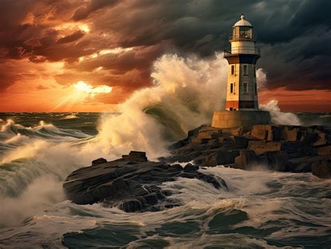 Premium Photo | Lighthouse in Storm Stormy Ocean Landscape and Lighthouse